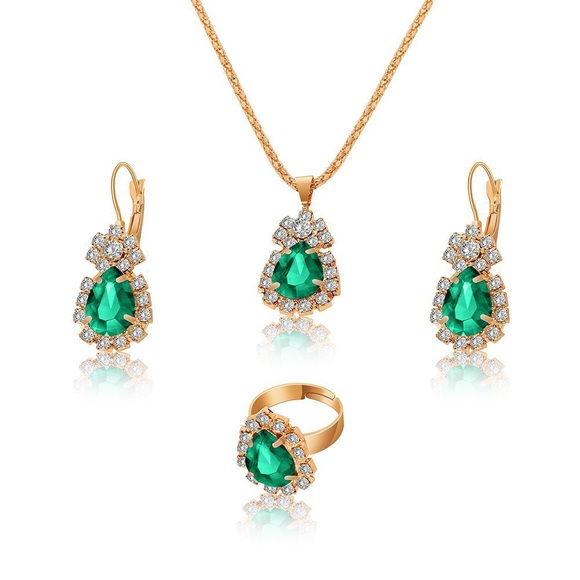 Gold Style Necklace Set Earrings Ring Fashion Jewelry Emerald Green - Picture 3 of 3